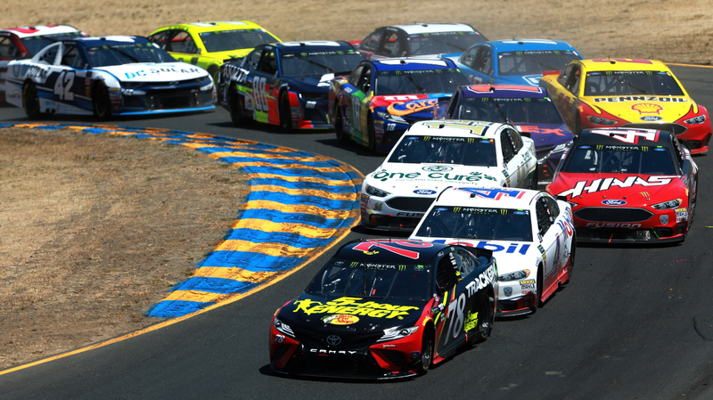 A photo from Sonoma in June, where all but three cars (the No. 4 of Kevin Harvick, No. 10 of Aric Almirola and No. 21 of Paul Menard) are running a windshield wiper.